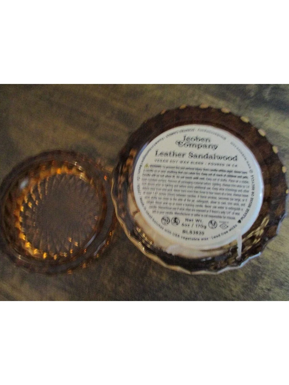 Jelena Company Leather Sandalwood Candle Amber Glass Hobnail Jar Textured Wax